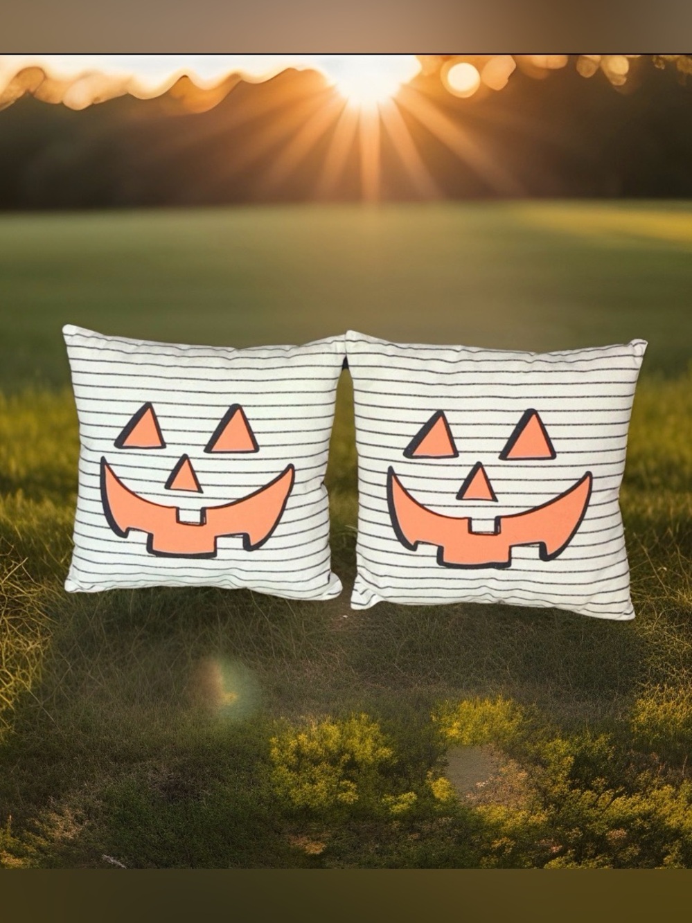 Halloween Jack-O-Lantern Striped Throw Pillows Set of 2 Black White Orange 12x12